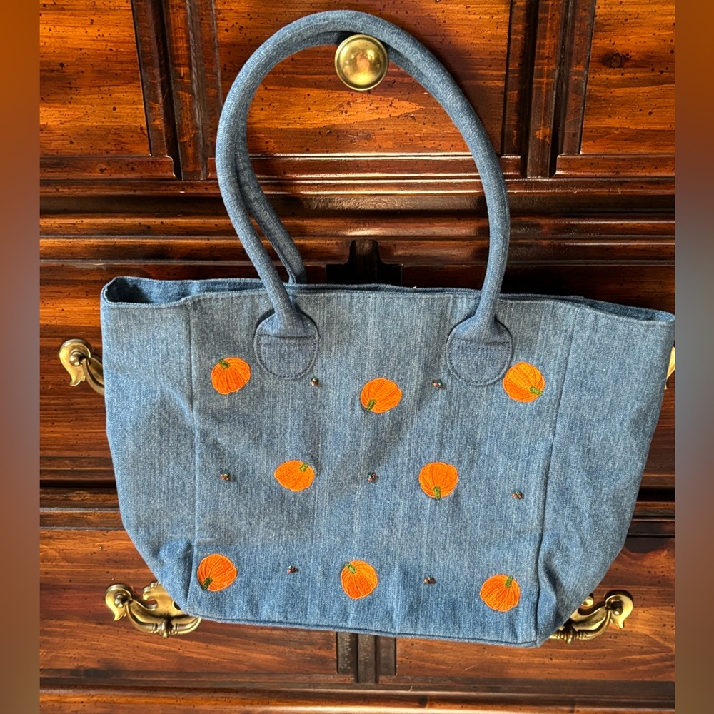 Denim Tote Bag with Embroidered Pumpkin Accents Fall Cotton Handbag Unique